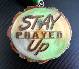 New Design! 'STAY PRAYED UP', One Handcrafted Necklace with Single Sided Artistic Green & Gold Colored Medallion