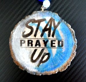 New Design! 'STAY PRAYED UP' One Handcrafted Necklace with Single Sided Artistic Blue Colored Medallion