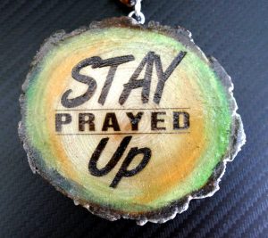New Design! 'STAY PRAYED UP' One Handcrafted Necklace with Single Sided Artistic Green & Honey Colored Medallion