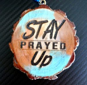 New Design! 'STAY PRAYED UP' One Handcrafted Necklace with Single Sided Artistic Turquoise & Brown Colored Medallion
