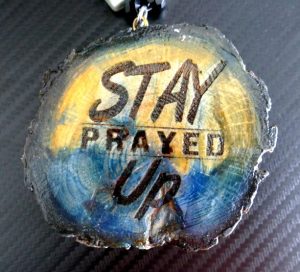 New Design! 'STAY PRAYED UP' One Handcrafted Necklace with Single Sided Artistic Blue & Gold Colored Medallion