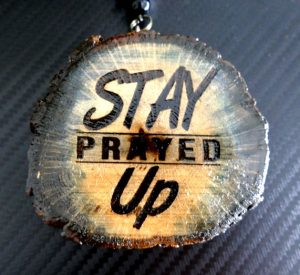 New Design! 'STAY PRAYED UP' One Handcrafted Necklace with Single Sided Artistic Blue-ish Black Colored Medallion